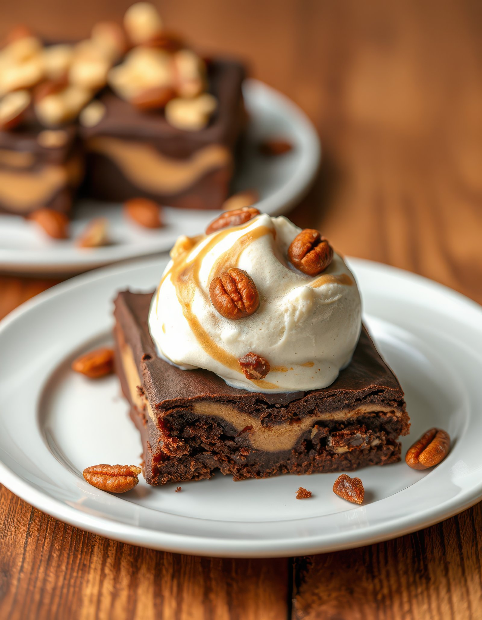 Decadent chocolate dessert with creamy filling and pecans served on a wooden table